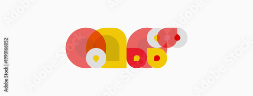 Abstract shapes, circles, red, yellow hues dominate composition. Minimalist design, playful forms suggest movement, simplicity.