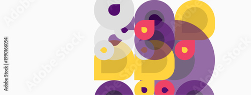 Abstract composition featuring overlapping circles, purple, yellow hues. Minimalist design, clean lines, modern aesthetic. Simple shapes create visual interest.