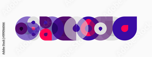 Abstract circles overlap, creating colorful patterns. Design features purple, pink, blue hues on white background. Modern, geometric style.