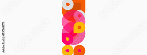 Abstract composition featuring stacked circles. Pink, orange hues dominate white background. Modern, playful design elements present.