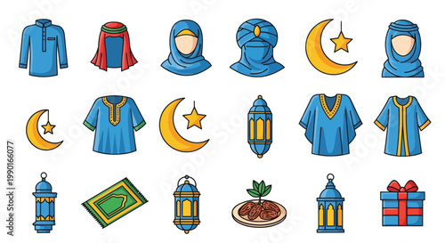 Islamic Icons: Ramadan & Eid Celebration Symbols - Clothing, Lanterns, Dates, Prayer Rug