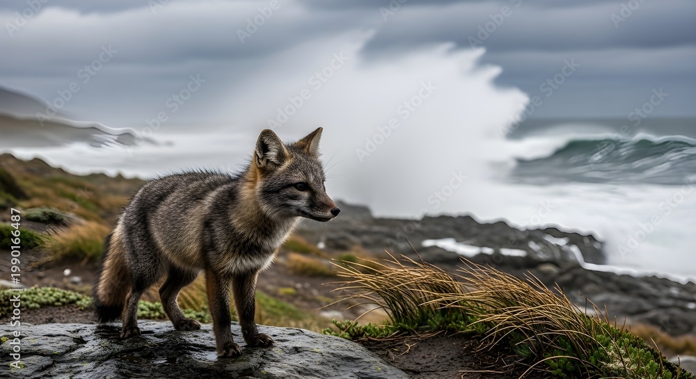 Fototapeta premium Small Darwin Fox Standing Rugged Chilean Coastline Wind Blowing Dark Fur Waves Crash Behind