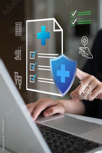 Person using laptop fax claim check life care medical disease patient finance expense diagnosis protection, health insurance risk management accident coverage concept