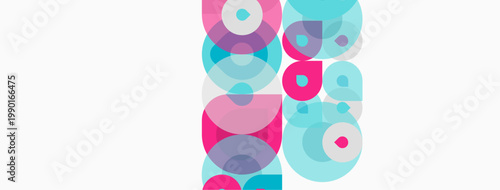Abstract composition featuring overlapping circles. Pink, turquoise hues dominate white background. Modern, playful design elements present.