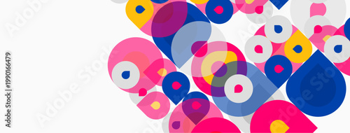 Abstract colorful circles overlap, creating dynamic composition. Bright hues contrast against white background. Modern design element.