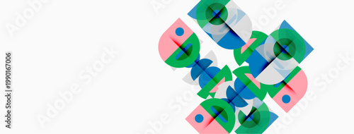 Abstract geometric shapes overlap, creating colorful patterns. Green, blue, pink hues dominate white background. Minimalist design.