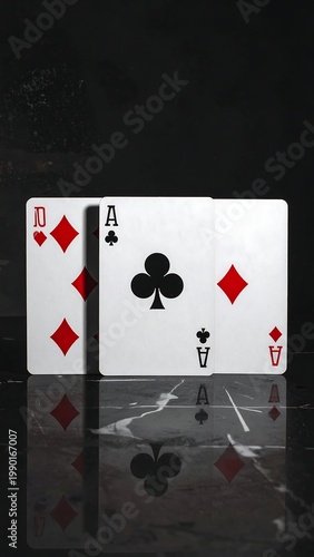 Two playing cards on reflective surface