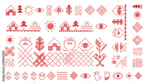 Folk embroidery vector set with borders symbols and motifs in red on white background for craft and design