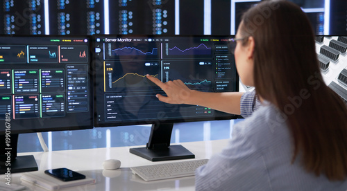 Bild auf Leinwand Young IT Specialist Monitors Real-time Network Performance