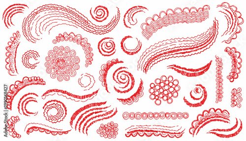 Hand drawn cross stitch vector set with intricate red patterns and designs on white background for crafting and diy
