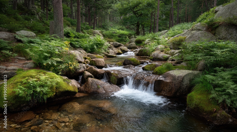 Fototapeta premium Tranquil Forest Stream Surrounded by Lush Greenery and Rocky Riverbed in a Serene Natural Landscape