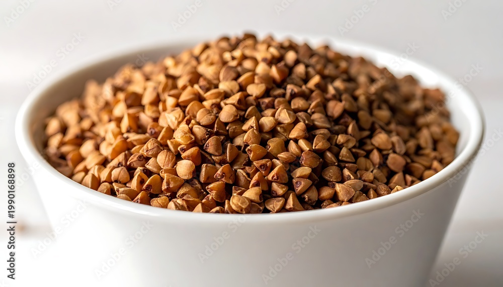 Fototapeta premium A white bowl overflowing with brown buckwheat grains