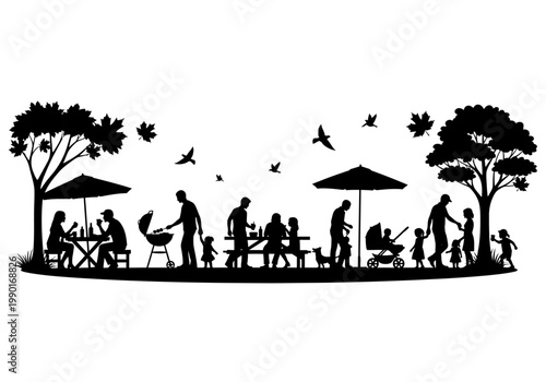 Family and Friends Enjoying an Outdoor Picnic and BBQ Party in the Park, Black Silhouette Vector Illustration