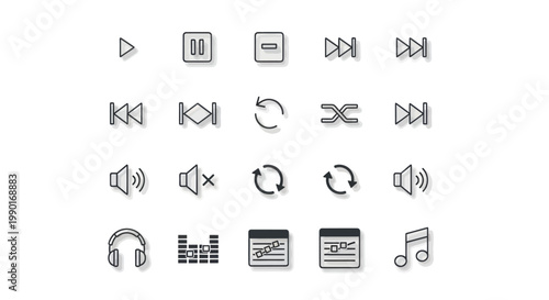 Multimedia Player Icons: Play, Pause, Skip, Volume, Shuffle, Repeat, Headphones, Music Notes