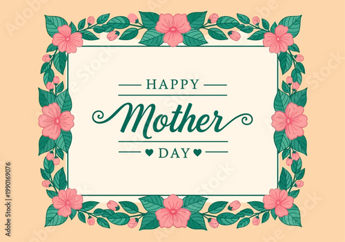 Happy Mother's Day Greeting Card with Elegant Pink Floral Border and Vintage Illustration Style