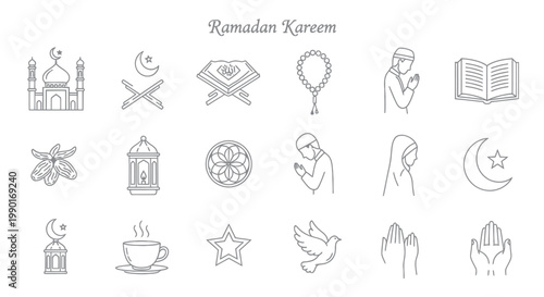 Ramadan Kareem Icons: Mosque, Quran, Prayer, Dates, Lantern, Crescent Moon, Star