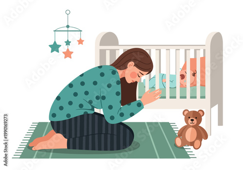Tired Mother Praying Beside Crying Baby in Crib Illustration - Postpartum Stress and Parenting Challenges Concept
