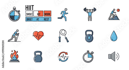 HIIT Workout Icons Set: Stopwatch, Kettlebell, Heart Rate, Running, Weightlifting
