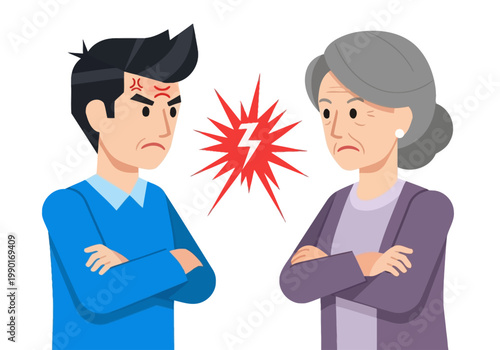 Generational Conflict Illustration: Angry Young Man and Senior Mother-in-Law Having a Heated Argument or Dispute