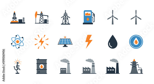 Energy Icons: Oil, Wind, Solar, Nuclear, Gas, Industry, Power Generation