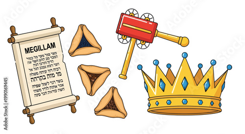 Purim Symbols: Megillah scroll, hamantaschen, gragger, and crown on white background.