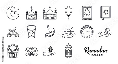Ramadan Kareem Icons Set: Moon, Mosque, Prayer Beads, Quran, Dates, Glass, Stomach, Sun, Clock, Hand, People