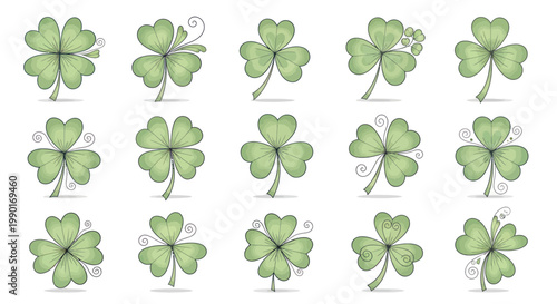 Collection of Lucky Clover Leaves and Four-Leaf Clovers, St. Patrick's Day Symbols