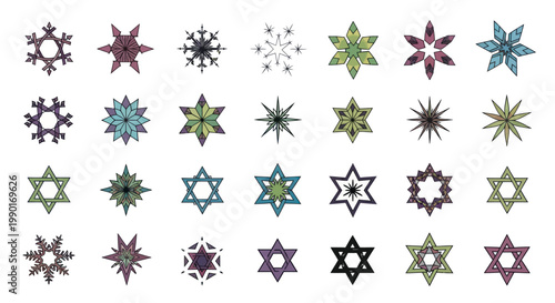 Collection of Diverse Snowflake and Star of David Icons with Textured Geometric Designs