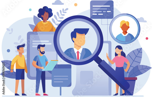 A diverse group of people searching for a candidate with a magnifying glass