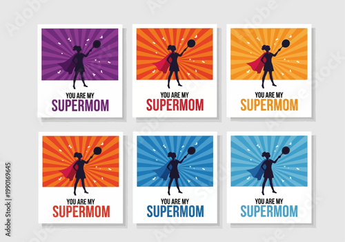 Mother's Day Greeting Cards Set with Supermom Superhero Silhouette Holding a Frying Pan, Comic Style Sunburst Background Illustrations