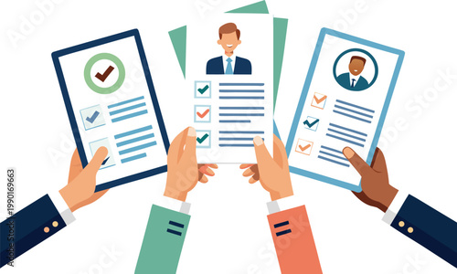 A group of diverse people sharing and comparing resumes and documents