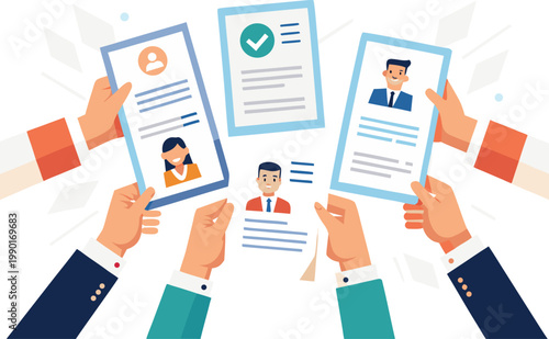 A group of people holding up resumes for a job application process