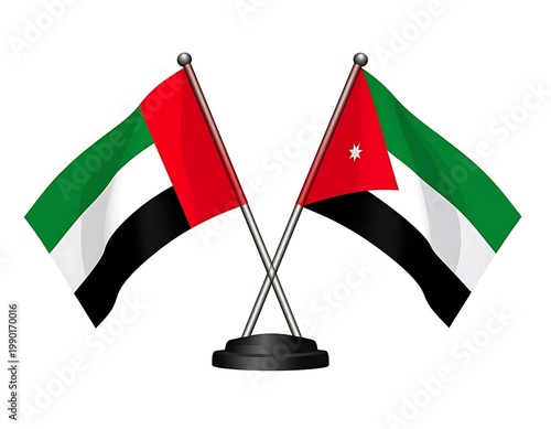 Two crossed flags on a black stand against white background