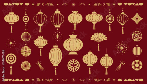 Oriental festive vector set with gold lanterns and decorations on red background for chinese new year celebration