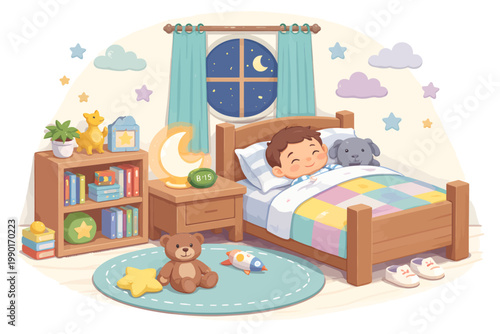 Cute child sleeping peacefully in a cozy bedroom with plush toys, moonlight window, and bedtime decor, ideal for kids sleep, nursery, parenting, and nighttime routine concepts
