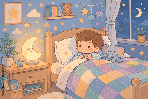 Cute child sleeping peacefully in a cozy bedroom with plush toys, moonlight window, and bedtime decor, ideal for kids sleep, nursery, parenting, and nighttime routine concepts
