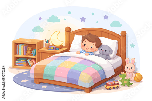 Cute child sleeping peacefully in a cozy bedroom with plush toys, moonlight window, and bedtime decor, ideal for kids sleep, nursery, parenting, and nighttime routine concepts