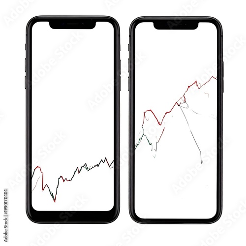 Two smartphones display financial charts with red and green lines