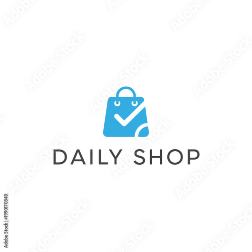 Blue Shopping Bag with Checkmark Symbol for Daily Shop Logo on Isolated White Background