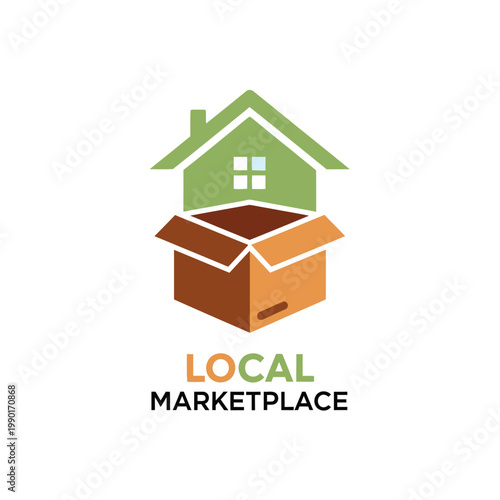Green House and Cardboard Box Logo for Local Marketplace on Isolated White Background