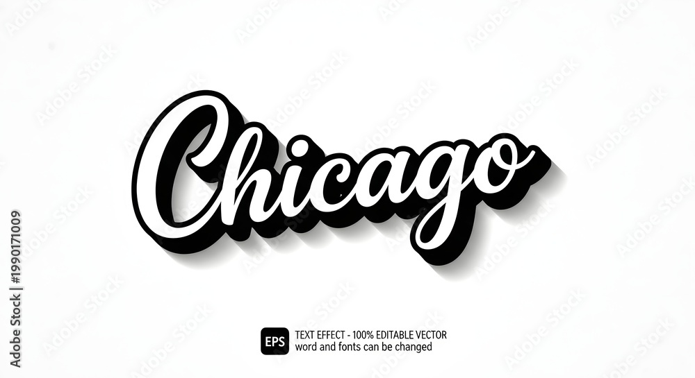 Naklejka premium Chicago script text effect with black 3d shadow on white background editable vector typography for city branding and travel designs