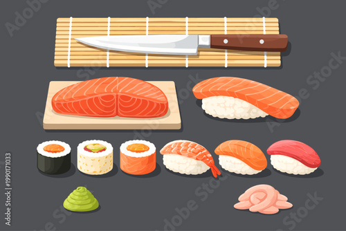 Fresh sushi and sashimi illustration set featuring salmon nigiri, tuna nigiri, maki rolls, shrimp sushi, wasabi, pickled ginger, fillet cuts, and a chef knife on a dark background