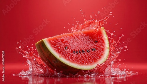 A juicy slice of watermelon splashing into water on a red background
