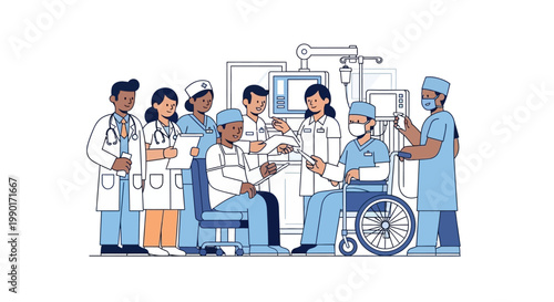 Medical team with patient wheelchair.