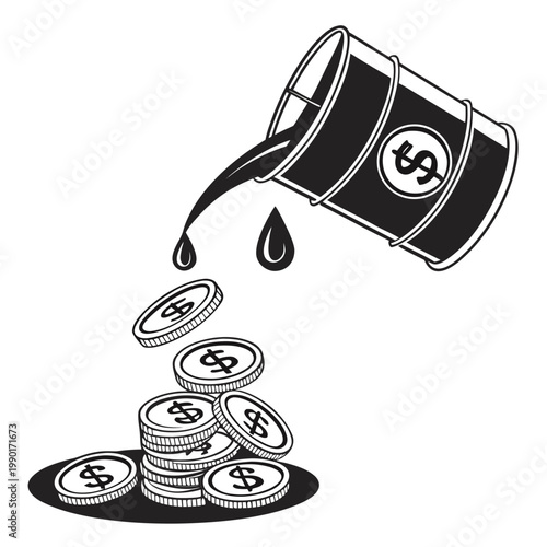 Oil barrel pouring money, cash coins, finance concept, black and white vector