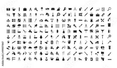 A collection of various black icons on a white background used for business and communication