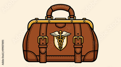 Elegant brown medical carrying bag adorned with a caduceus symbol, representing the practice of medicine and essential healthcare