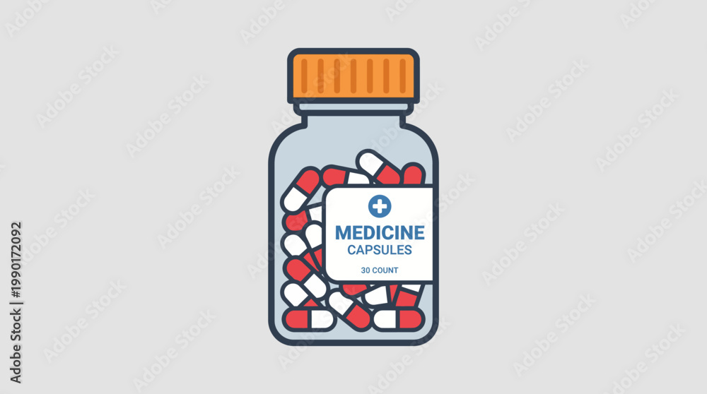 Fototapeta premium Flat design illustration of a medicine bottle packed with various capsules, symbolizing health, wellness, and medical prescription