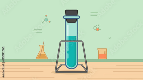 Test tube with blue liquid in a science lab setting, illustrating chemistry and research concepts