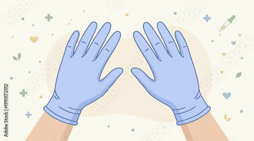 Top View of Hands Wearing Blue Disposable Gloves, Hygiene and Safety Concept
